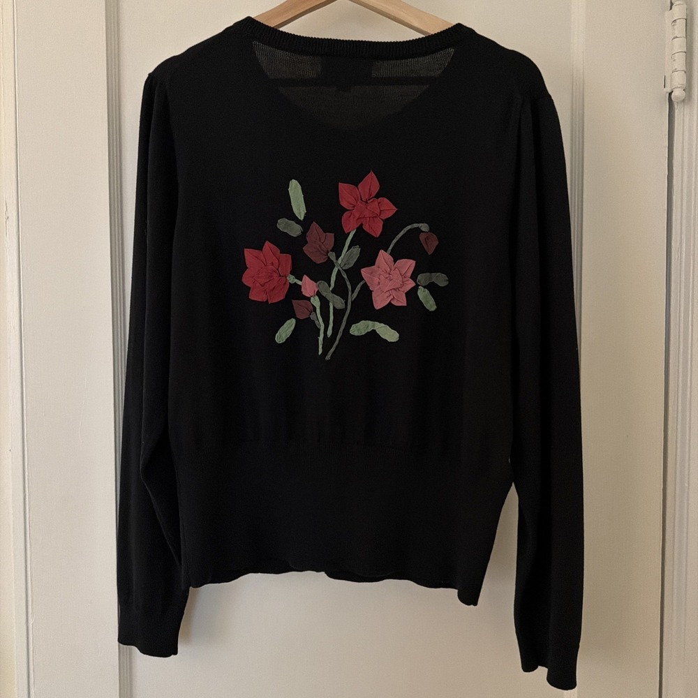 Vintage Ctn Silk Floral Ribbon Embroidered Cardigan Women L Grandmacore Novelty